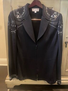 St. John Black Embellished Zip-Front Knit Blazer